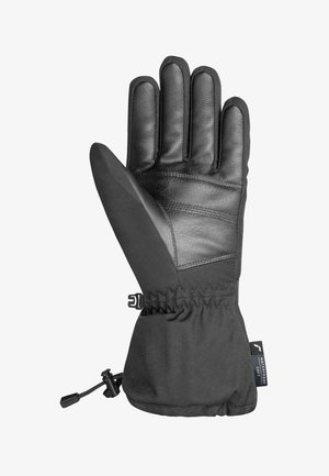 Schwarze wasserdichte Handschuhe mit Lederhandschuh, strukturiertem Griff, elastischem Handgelenk und verstellbarem Kordelzug für einen sicheren Sitz.