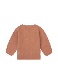 Rustrød strikket sweater med lange raglanærmer, tekstureret syning og ribbet halsudskæring. Bagsiden er enkel uden synlige sømme.