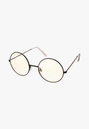 Crne metalne sunčane naočale okruglog oblika sa žutim staklima, tanak aluminijski okvir, podesive nosne jastučiće i bijele drške.