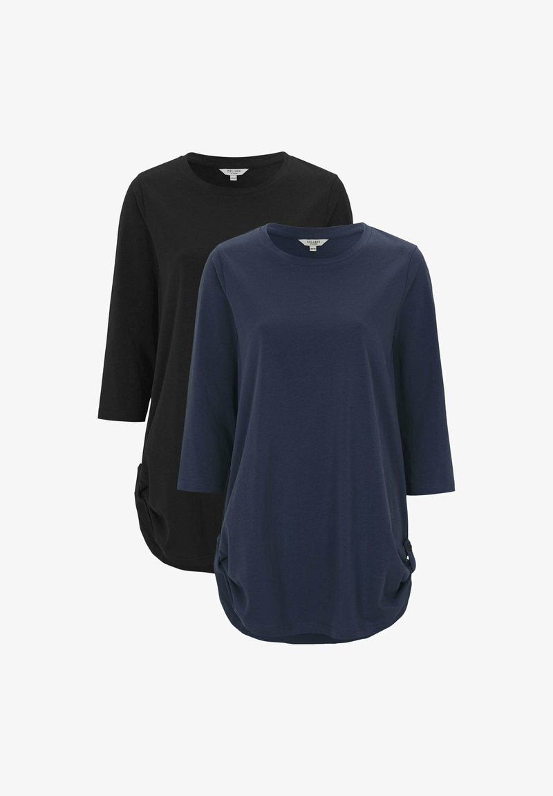 Zwei langärmlige Oberteile in einfarbig Schwarz und Marineblau, mit runden Ausschnitten und seitlichen Raffungselementen. Hergestellt aus weichem, dehnbarem Stoff.