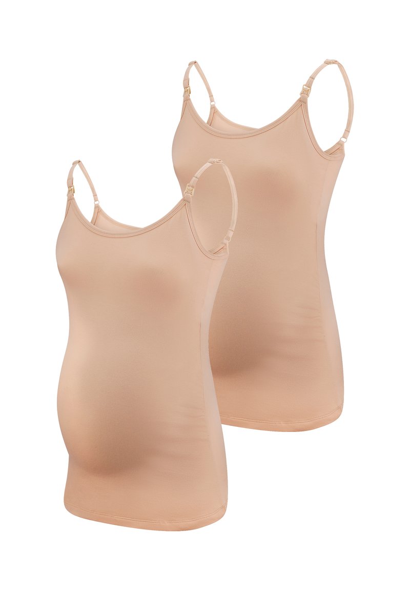 Twee zwangerschapshemdjes in een nude kleur, gemaakt van een gladde, rekbare stof. Ze hebben verstelbare schouderbandjes en een aansluitend ontwerp voor comfort.