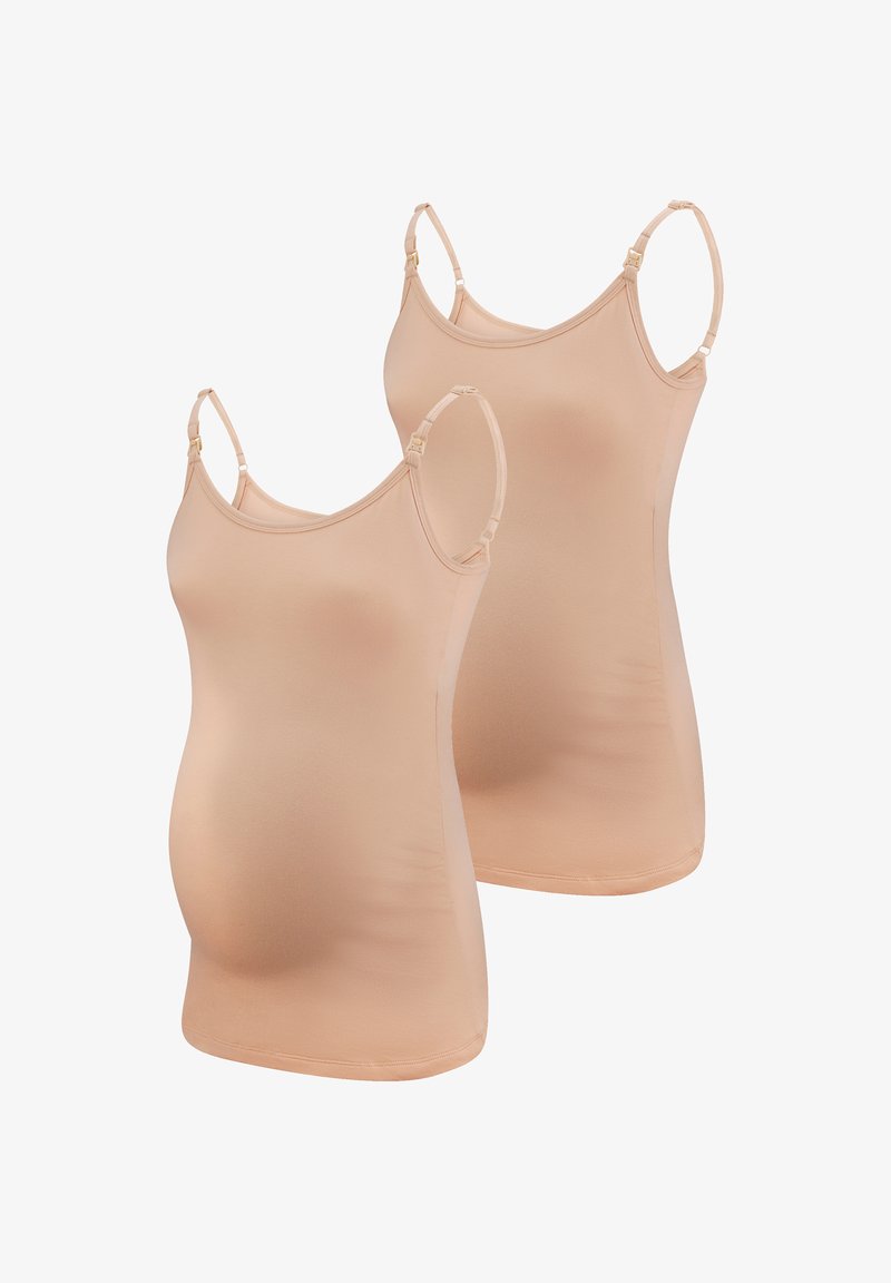 Twee zwangerschapshemdjes in een nude kleur, gemaakt van een gladde, rekbare stof. Ze hebben verstelbare schouderbandjes en een aansluitend ontwerp voor comfort.