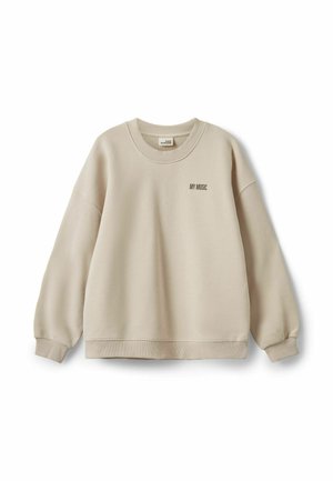 Sweat beige à manches longues avec col rond, poignets et bas côtelés, avec un petit texte noir "MY MUSIC" sur la poitrine gauche.