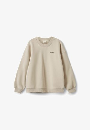 Sweat beige à manches longues avec col rond, poignets et bas côtelés, avec un petit texte noir "MY MUSIC" sur la poitrine gauche.