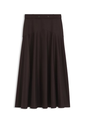 Schwarzer, hoch taillierter langer Rock mit weitem ausgestelltem Saum und zwei Knopfdetails am Bund, vor weißem Hintergrund hängend.