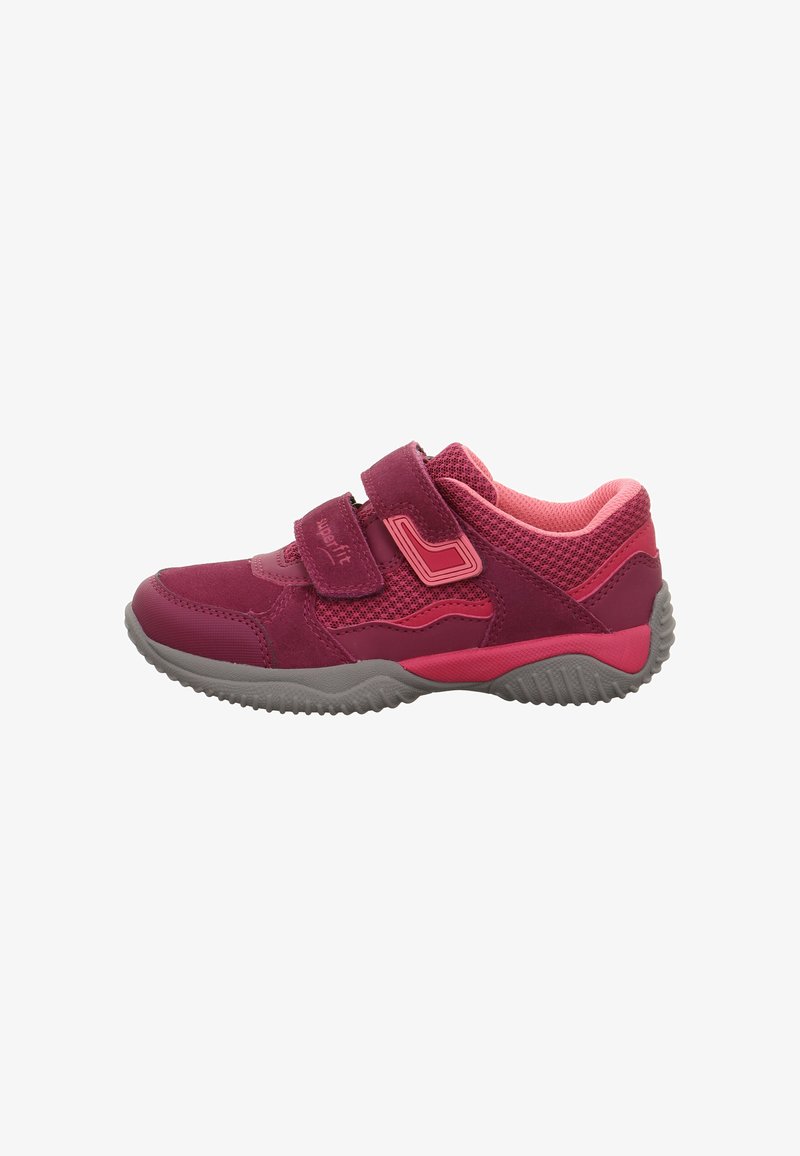 Adjustable athletic shoe in dark pink and light pink, featuring a mesh and suede upper, rubber sole, and two hook-and-loop straps.