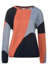 Långärmad tröja med en geometrisk färgblockdesign i korall, marinblå och ljusblå. Tillverkad av mjukt material med en avslappnad passform.