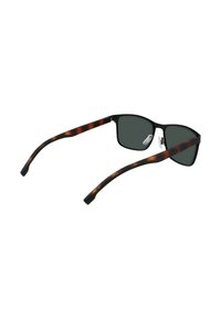 Occhiali da sole con lenti grigie scure, forma rettangolare e aste a motivo tartaruga, con una finitura lucida e naselli regolabili.