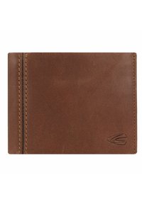 Braune Lederbörse mit glatter Oberfläche, sichtbar genäht und mit einem dezent embossed Logo in der unteren rechten Ecke.