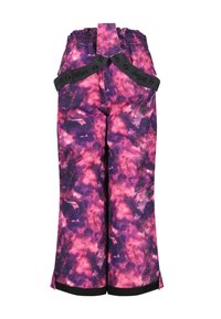 Purple and pink patterned pants with an elastic waistband and adjustable straps, featuring a split hem and contrasting black trim.