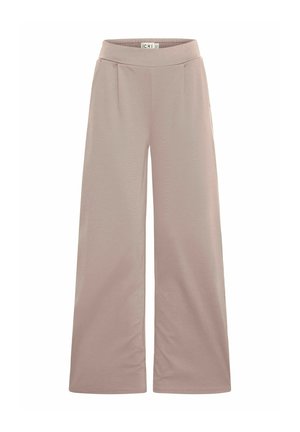 Pantalons à jambes larges en tissu rose pâle doux. Dotés d'une taille lisse et de deux plis à l'avant pour ajouter de la texture et du design.