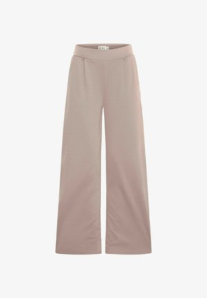 Wijdvallende broek in een zachte, lichtroze stof. Heeft een gladde tailleband en twee voorkreukels voor extra textuur en design.