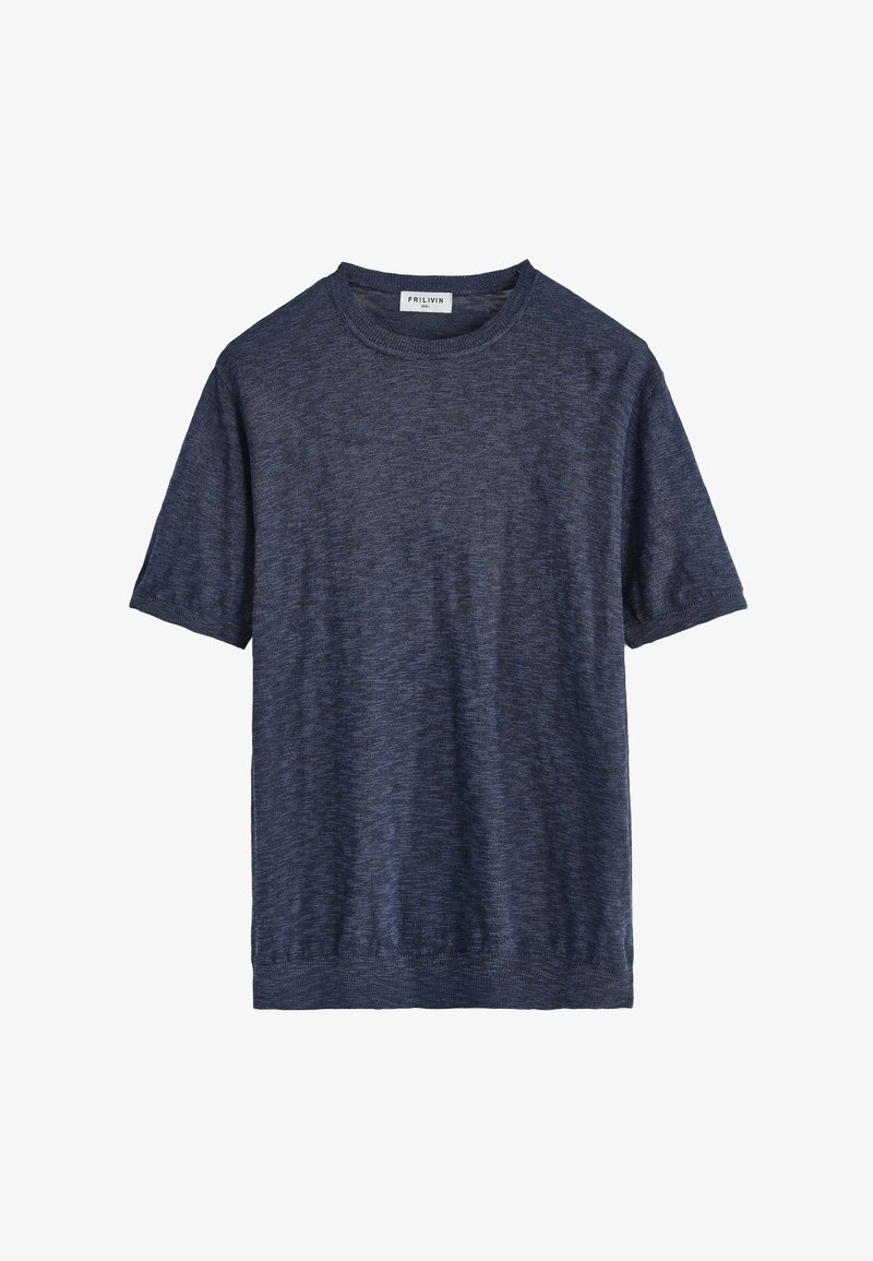 T-shirt tricoté bleu marine à manches courtes avec col rond et texture subtile, présenté sur un fond blanc.