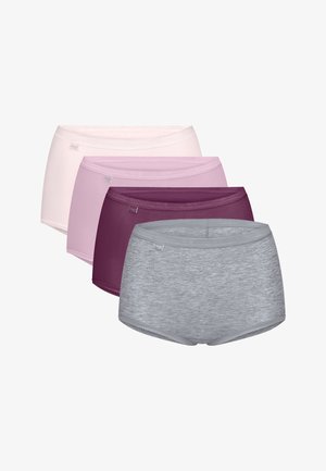 Cztery damskie majtki z wysokim stanem w kolorach szarym, ciemnofioletowym, jasnoróżowym i bladoróżowym, ułożone warstwowo w nieregularnym stosie.