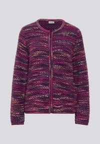 Multifarbene Strickjacke in Pink- und Lilatönen mit strukturiertem Strickmuster, rundem Ausschnitt und vorderem Reißverschluss.