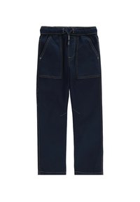 Granatowe spodnie casualowe z elastycznym pasem, sznurkiem, dużymi przednimi kieszeniami naszytymi i kontrastującymi szwami.