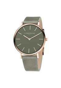 Roségoldene Uhr mit einem runden olivgrünen Zifferblatt und minimalistischen Stundenmarkierungen. Weicher grauer Lederarmband mit Wildledertextur. Marke: Liebeskind Berlin.