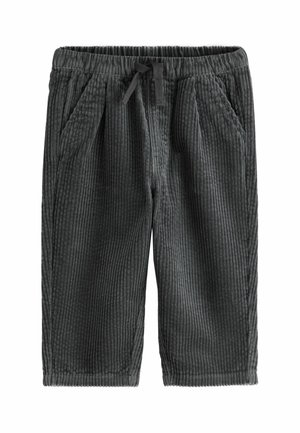 Dark gray corduroy pants with elastic waistband, drawstring, and side pockets, shown flat on a white background.