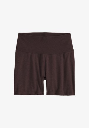 Shorts de ciclista elásticos de cintura alta en marrón oscuro con cintura ancha acanalada y largo hasta la rodilla.