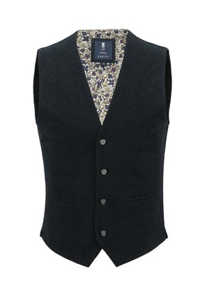Dark gray wool vest with a V-neck, five button closure, two front pockets, and a floral pattern on the inner lining.