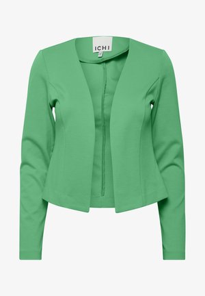 Zelená bunda s dlhým rukávom a otvoreným predným dizajnom. Vyrobená z hladkej látky, má priliehavý strih a žiadne viditeľné zapínanie.