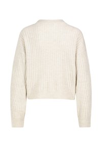 Cremfarbener, gerippter Strickpullover mit langen Ärmeln, Rundhalsausschnitt und einem leicht verkürzten, lockeren Schnitt, von hinten gezeigt.