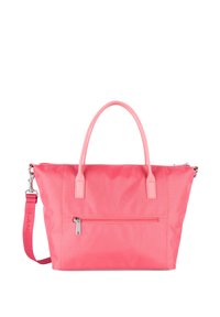 Borsa tote in nylon rosa con due manici superiori, tracolla rimovibile, tasca anteriore con zip e texture liscia.