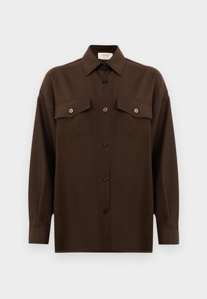 Dark brown long-sleeve button-up shirt with two flap chest pockets and a classic collar, displayed against a plain white background.