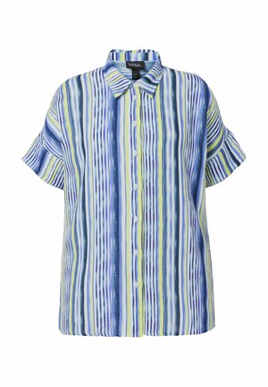 Kurzärmeliges Hemd mit Knopfleiste, vertikalen blauen, weißen und gelben Streifen und einem umgeknickten Kragen.