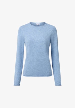 Pull en jersey bleu clair à manches longues et col rond, avec un tricot doux et texturé, et une silhouette ajustée.
