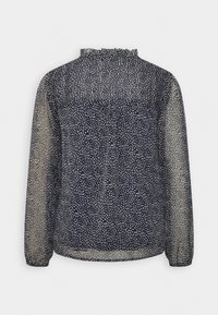 Blusa blu navy con motivo floreale, maniche lunghe trasparenti e colletto arricciato. Tessuto leggero con una vestibilità comoda.