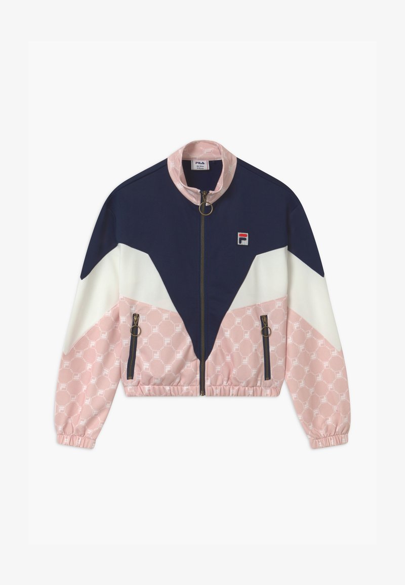 Giacca cropped con design a blocchi di colori blu navy e bianco, sezione inferiore con motivo rosa e tasche con zip. Include un colletto rialzato e un tirante a forma di anello.