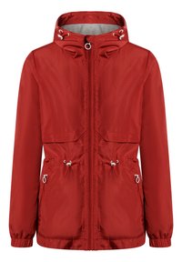 Rote wasserdichte Jacke mit Reißverschluss vorne, verstellbare Kapuze und elastischen Bündchen. Mit Kordelzug in der Taille und zwei Seitentaschen. Glatte Textur.