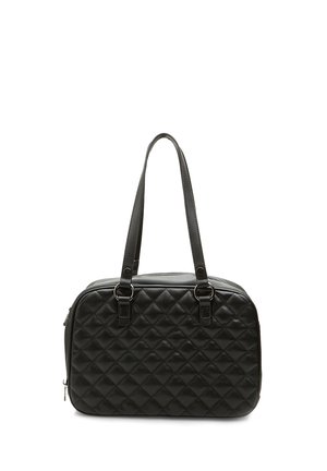 Black quilted handbag with two sturdy shoulder straps, zipper closure, and silver hardware accents, featuring a smooth leather texture.