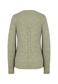 Pull en tricot vert clair à manches longues avec un motif vertical détaillé de feuilles dans le dos.