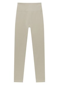 Beige leggings with a fitted design, wide waistband, and smooth texture. No visible patterns or hardware details.