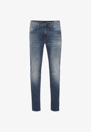 Jeans in denim blu con vestibilità slim, caratterizzati da leggere sfumature, design a cinque tasche e taglio a gamba dritta. Dettagli classici con cuciture scure.