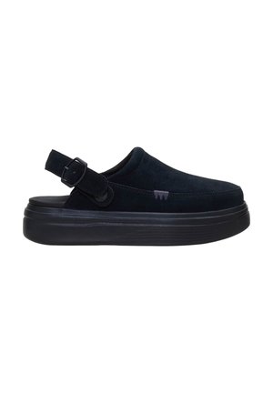 Zueco de ante negro sin cordones con suela gruesa y una correa ajustable en el talón, mostrado de lado sobre un fondo blanco.