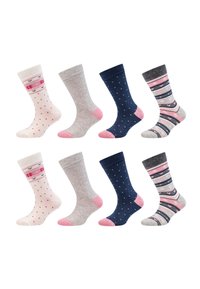 Set von acht Socken mit verschiedenen Designs: rosa Punktmuster, Blumenmuster und Streifen; die Farben umfassen Grau, Marineblau, Rosa und Weiß.