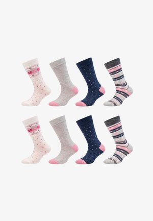 Set von acht Socken mit verschiedenen Designs: rosa Punktmuster, Blumenmuster und Streifen; die Farben umfassen Grau, Marineblau, Rosa und Weiß.