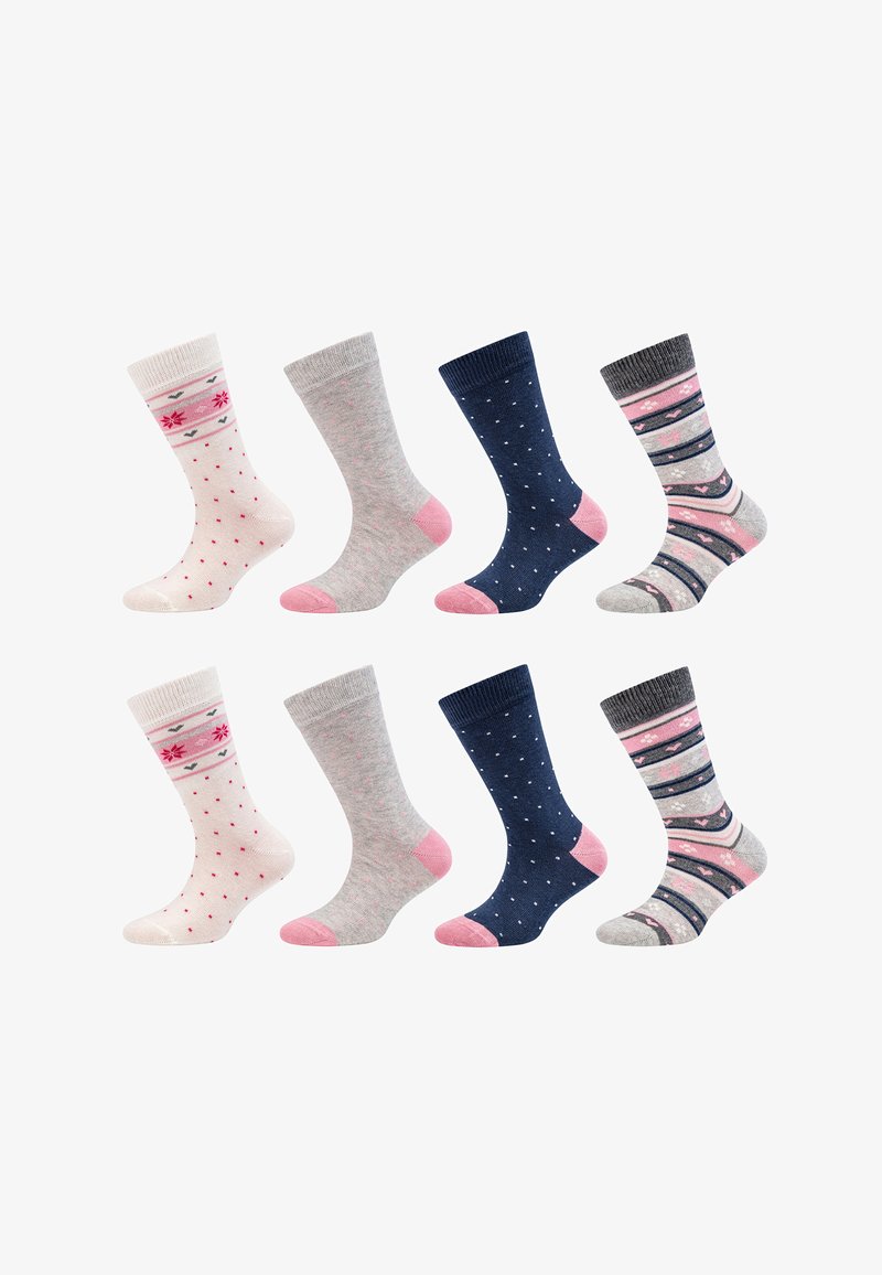 Set von acht Socken mit verschiedenen Designs: rosa Punktmuster, Blumenmuster und Streifen; die Farben umfassen Grau, Marineblau, Rosa und Weiß.