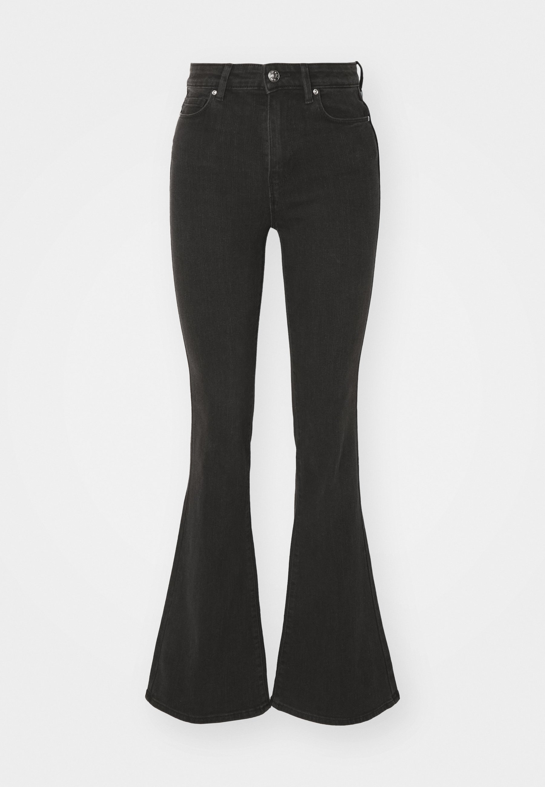 Zwarte flare jeans met een hoge taille, gemaakt van denim. Voorzien van een rits, knoopsluiting en vijf zakken, met een soepele textuur.