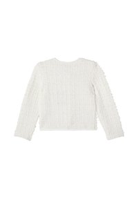 Maglione bianco a maglia, tessuto testurizzato con un taglio leggermente cropped, maniche lunghe e scollo rotondo. Senza chiusure visibili o motivi.