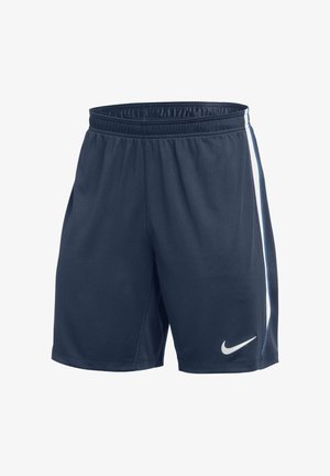 Marineblauwe sportshorts met elastische tailleband, witte zijstreep en wit Nike Swoosh-logo op het linkerbeen.