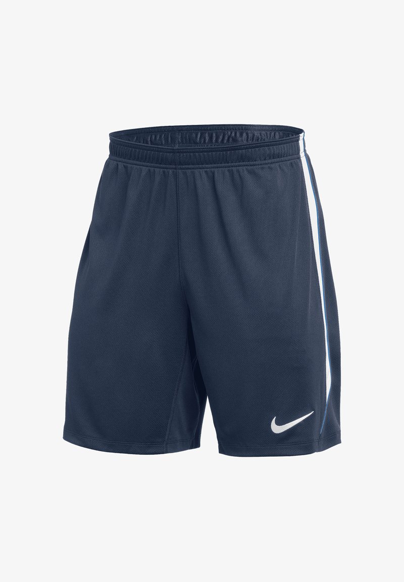 Pantaloncini sportivi blu navy con elastico in vita, banda laterale bianca e logo Nike Swoosh bianco sulla gamba sinistra.