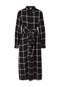 Schwarz-weiß kariertes Hemdkleid mit Kragen, langen Ärmeln, Knopfleiste und einem gebundenen Taillendetail. Leichter Stoff und kniehoch.