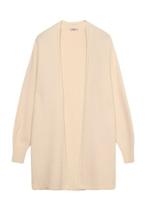 Licht beige cardigan van zachte gebreide stof; open voorkant, lange mouwen, geribde manchetten en een ontspannen pasvorm.