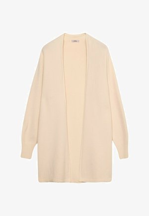 Licht beige cardigan van zachte gebreide stof; open voorkant, lange mouwen, geribde manchetten en een ontspannen pasvorm.