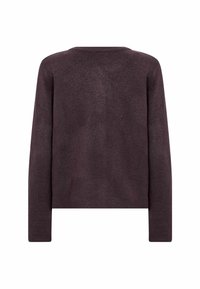 Pulover lung cu maneci lungi, de culoare mov închis, cu guler rotund. Fabricat dintr-un material moale, are o finisare texturată și o croială lejeră. Fără aplicații.
