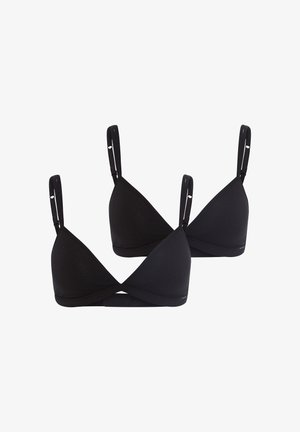 Zwei schwarze, dreieckige BHs aus weichem, dehnbarem Material. Sie verfügen über schmale, verstellbare Träger und ein nahtloses Design.